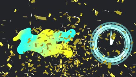animation of confetti falling over clock and blob on black background