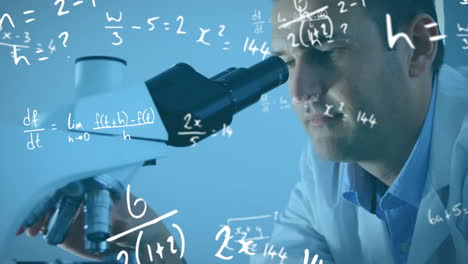 mathematical equations moving against male scientist using microscope