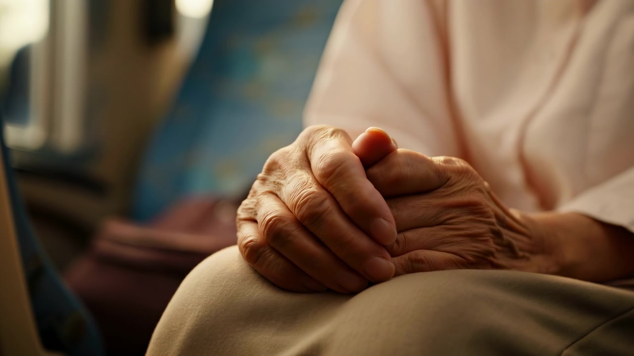 Una vista ravvicinata segue le dita che si muovono leggermente mentre le mani segnate dal tempo rimangono incrociate su pantaloni neutri, mentre una calda luce laterale rivela la fine texture della pelle contro una stanza leggermente sfocata