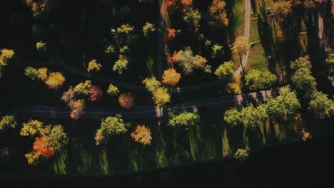 Bird's-eye-view-over-a-narrow-gravel-pathway-running-beside-the-asphalt-road-through-a-colorful-dense-forest-in-the-Litchfield,-Connecticut,-USA-on-a-sunny-morning