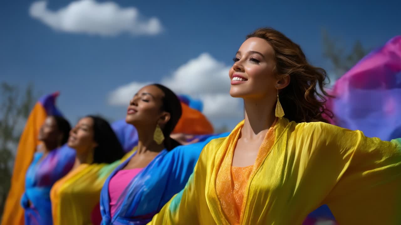 Group of women dancing outdoors under a blue sky