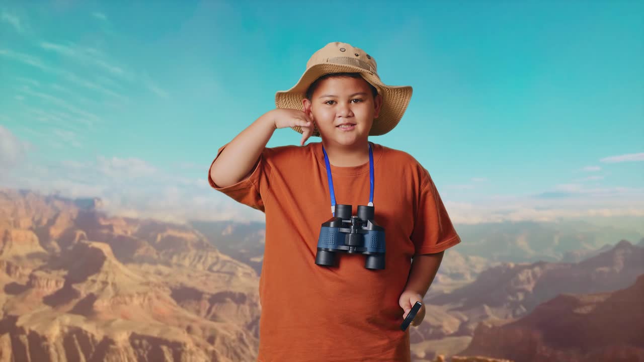 Asian Boy With A Hat And Binoculars Using The Magnifying Glass Then Making Call Me Gesture While Traveling At The Top Of Mountain. Boy Researcher Examines Something, Travel Tourism Adventure Concept