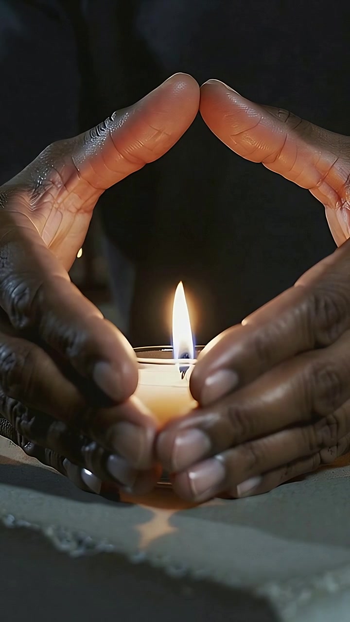 Vertical video: Forming dome, dark hands in sleeves centering and protecting lit tealight on cloth