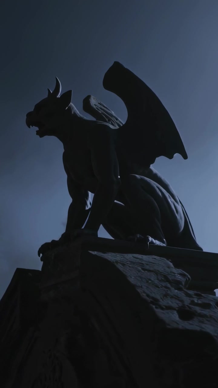 縦型動画：ローアングルカメラが引いていき、台座のガーゴイルを詳細に映し出す、夕暮れの空