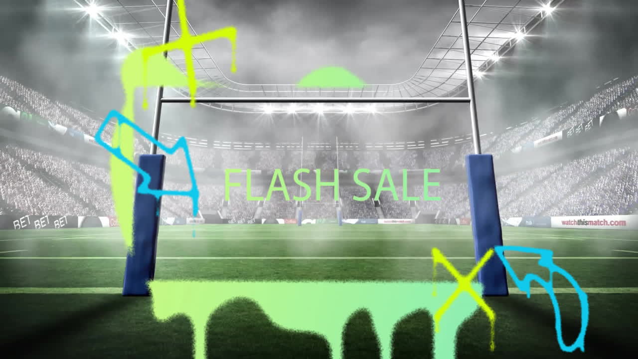 Colorful graffiti animation over rugby stadium scene promoting flash sale event