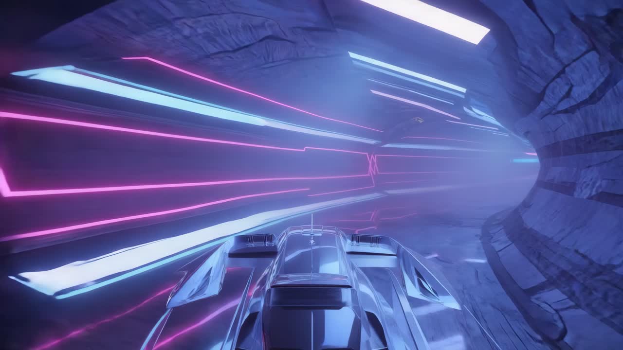 Spaceship in a Futuristic Neon Tunnel