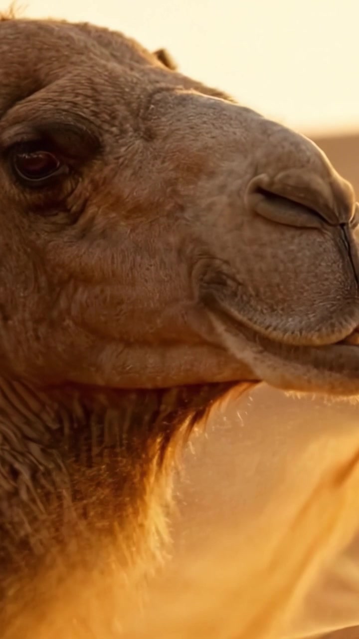 Cammello maestoso in un paesaggio desertico al tramonto: un primo piano che cattura la profonda bellezza e serenità della vita nel deserto nell'ora d'oro.