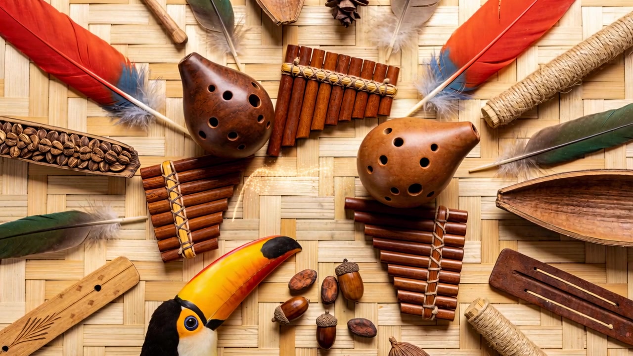 Zoomende Kamera enthüllt ein Flatlay von Andenmusik auf einer gewebten Matte, zeigt Kürbis-Okarinas zu Werbezwecken.
