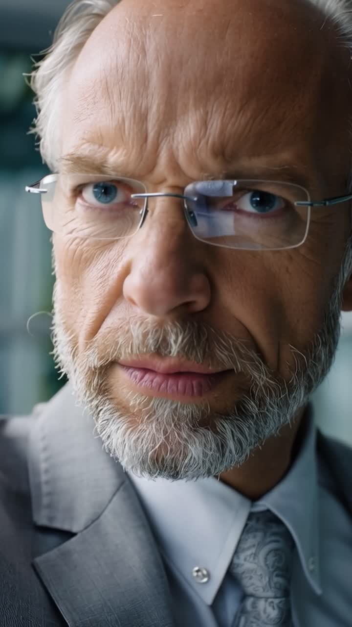 Nærbillede af en alvorlig mand, der retter på sine briller. Hans udtryk viser dyb koncentration eller bekymring. Han bærer et formelt jakkesæt og et mønstret slips.