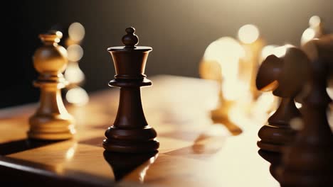 close-up of a chessboard with a black queen in focus