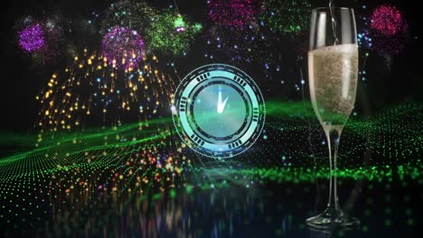 Animation-of-confetti,-fireworks,-clock-and-champagne-glass-over-undulating-landscape-of-green-dots