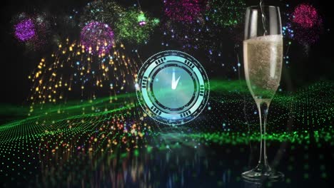 animación de confeti, fuegos artificiales, reloj y vaso de champán sobre un paisaje ondulado de puntos verdes