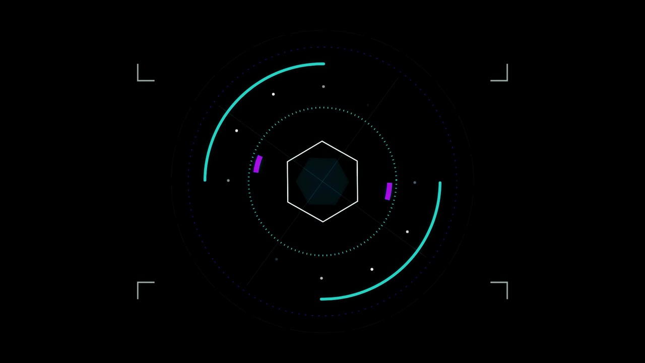 Futuristic Digital HUD Interface with Rotating Hexagon and Circular Elements