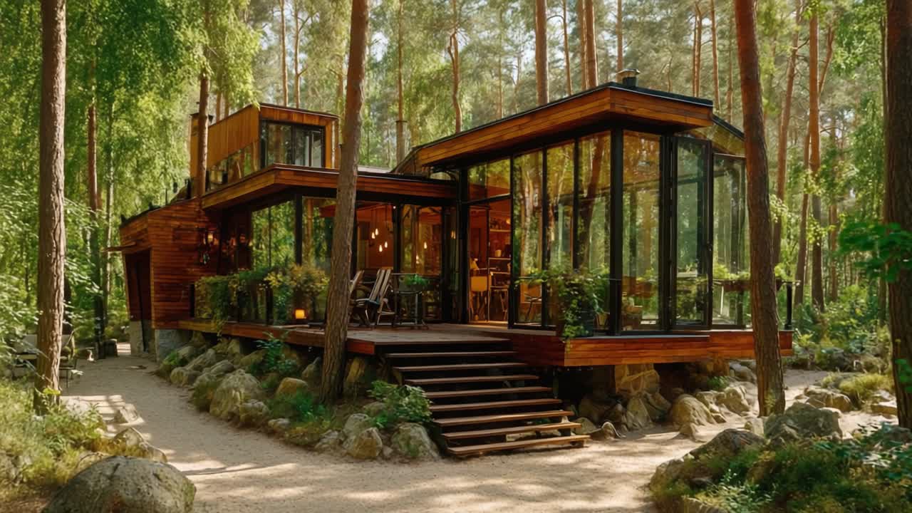 Una splendida casa moderna in vetro immersa tra alberi alti, circondata dalla bellezza della natura, caratterizzata da una perfetta fusione di legno e vetro per un'armoniosa esperienza di vita all'aperto