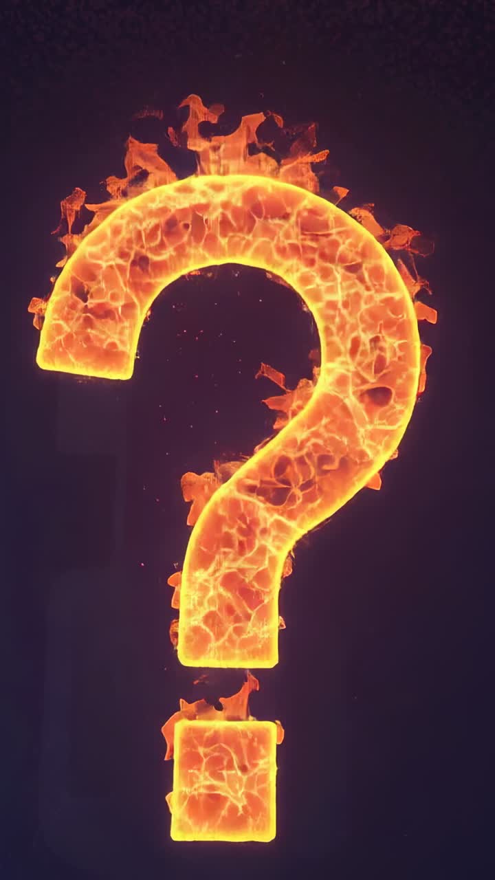 Vertical video: Appearing on start, fiery question mark pulsing on dark backdrop with glowing core