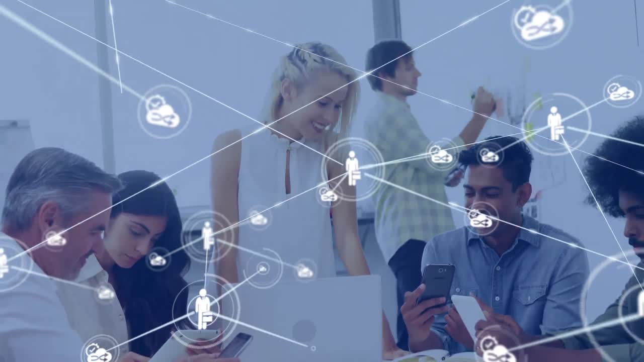 전자 장치를 사용하는 사무실 동료에 대한 네트워크 연결 아이콘의