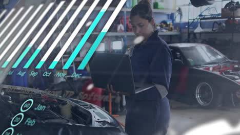 woman mechanic holding laptop while running engine diagnostics in garage, showing animated gauges