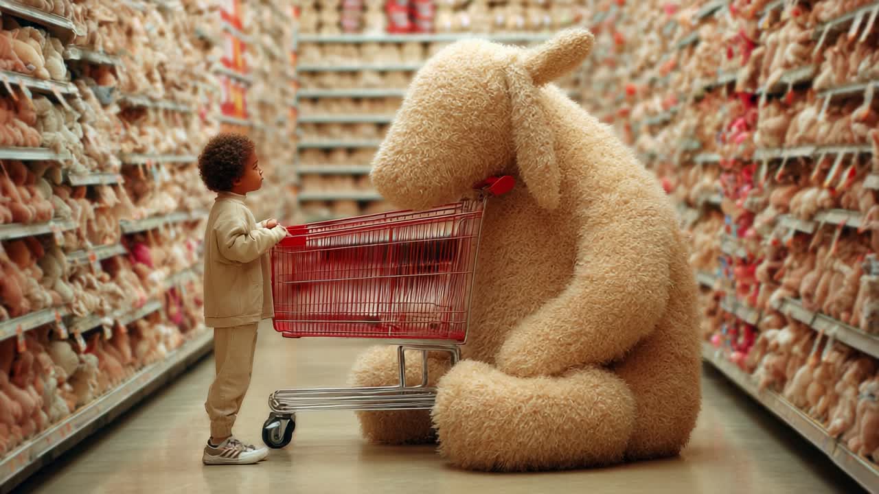 A whimsical scene unfolds as a cute child stands before a giant, fluffy stuffed animal in a colorful aisle filled with plush toys in a vibrant store environment