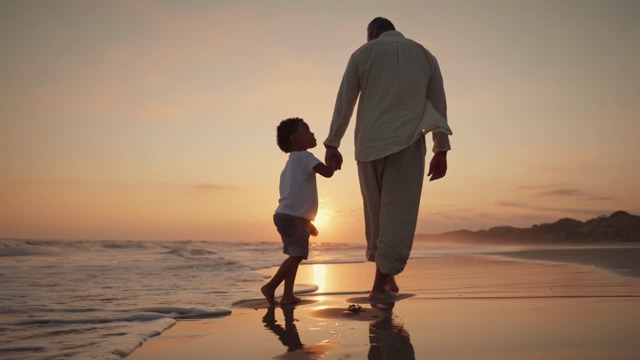 En fredfyldt videoscene af en far og søn, der går på en strand ved solnedgang, optaget bagfra.