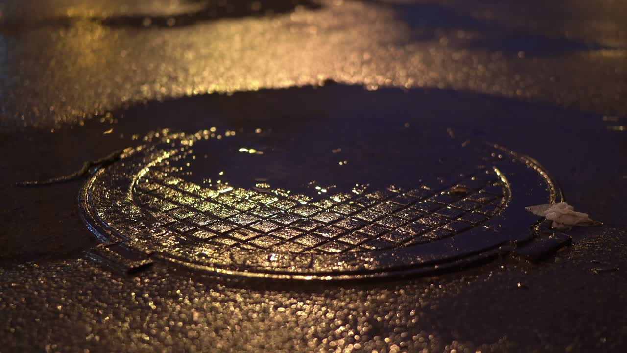 Rainy night city street, sewer manhole cover on wet pavement after rain.