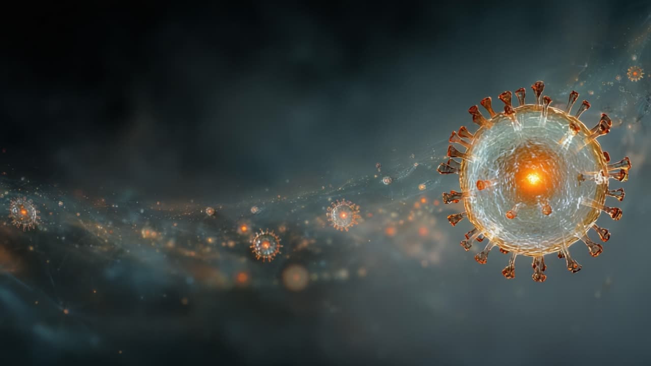 A Mesmerizing Visualization of a Viral Structure, Emphasizing Detailed Molecular Elements and Its Dynamic Path Through a Celestial Background