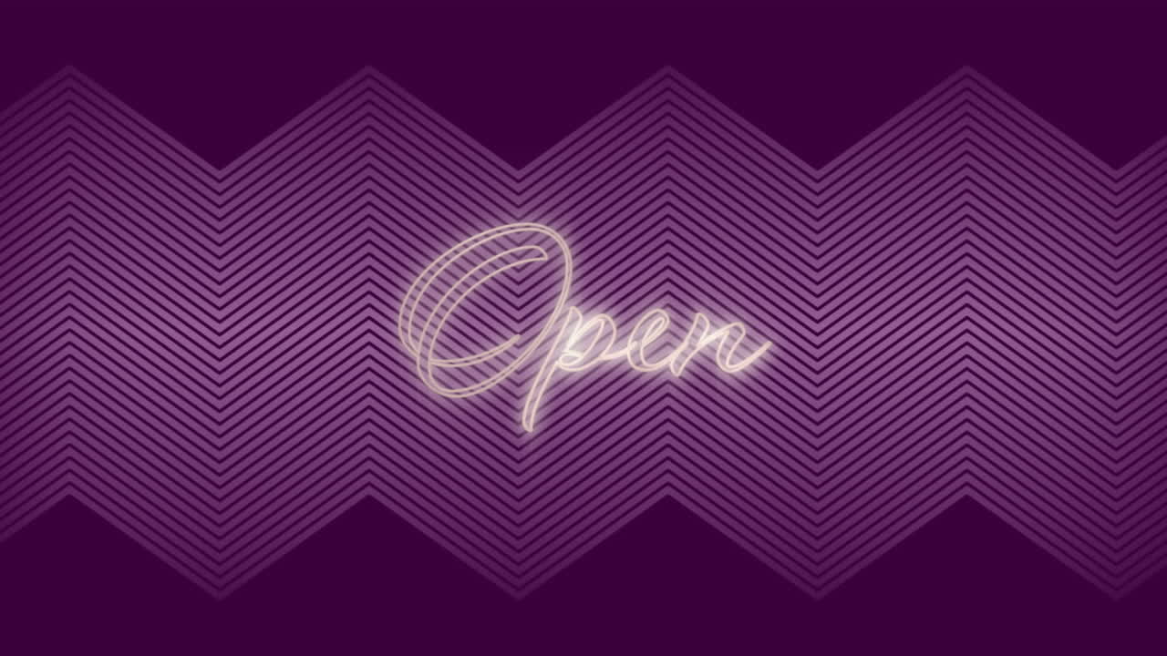 Animazione di testo neon "open" su sfondo viola con motivo a zig zag