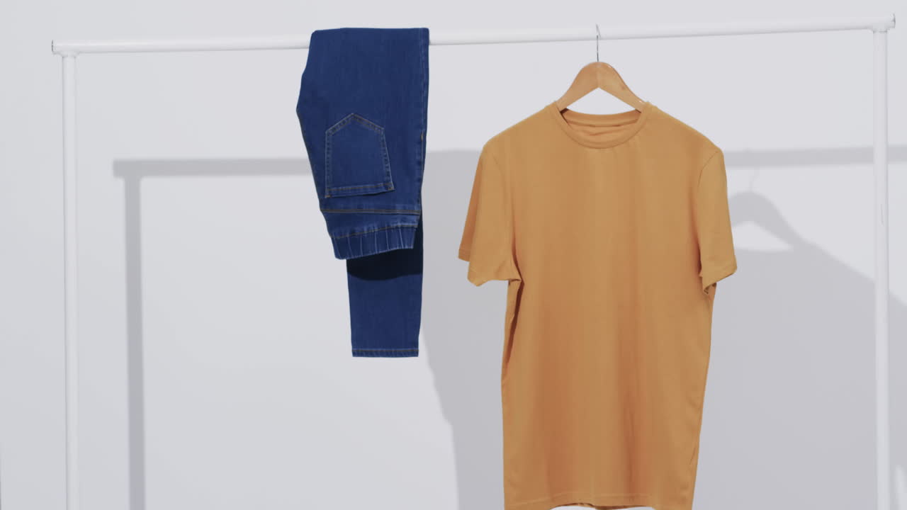 Video of denim trousers and yellow t shirt on hanger and copy space on white background