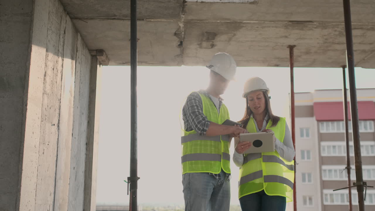 en la construcción con una mujer y un hombre constructores constructores ingenieros caminando a lo largo de ella. edificio en la construcción with a mujer y un varón ingenieros