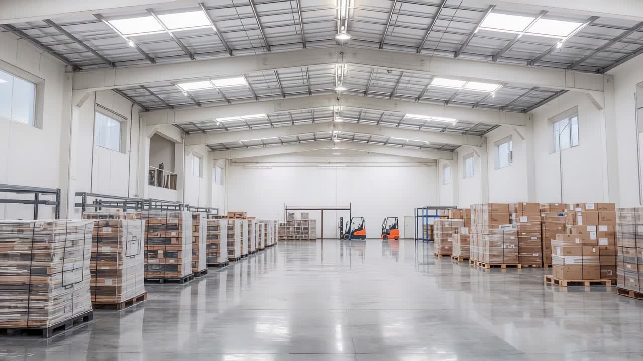Immagini statiche di un magazzino di registrazione illuminato da luci a soffitto, con pallet in legno e transpallet