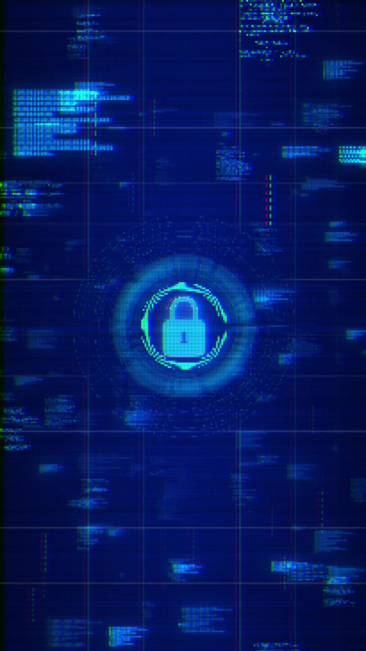 Cyber lock security interface background with blue padlock icon scanning circles code panels and