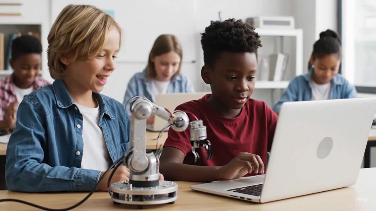 Children learning robotics and coding in stem class
