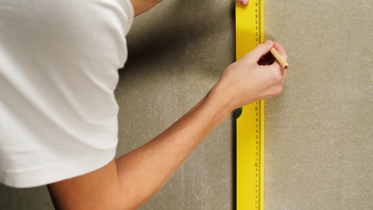 Person Marking a Wall with a Spirit Level and Pencil