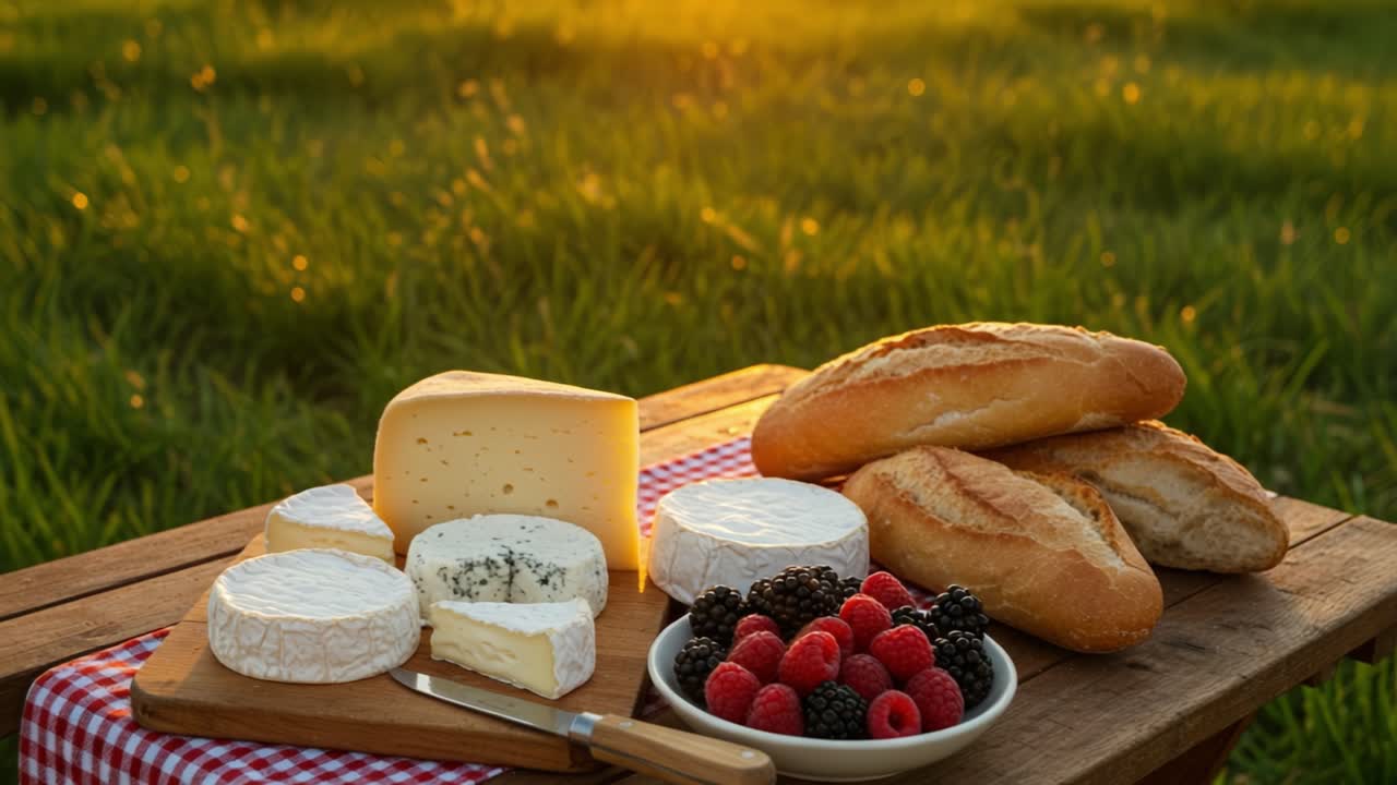 A delightful gathering in a scenic grassy field as the sun sets, casting a warm glow. A wooden table is set with various cheese selections, including creamy brie and flavorful blue cheese, accompanied by fresh raspberries and blackberries. Crunchy bread loaves rest nearby, inviting everyone to indul