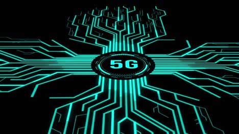 digital 5g button with futuristic artificial intelligence spreading through internet. visualization of machine learning, computer technology, neural network