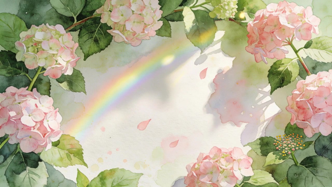 きらめく光がアジサイの房に当たり花びらが水彩画のカードの上に散り、虹が現れている。