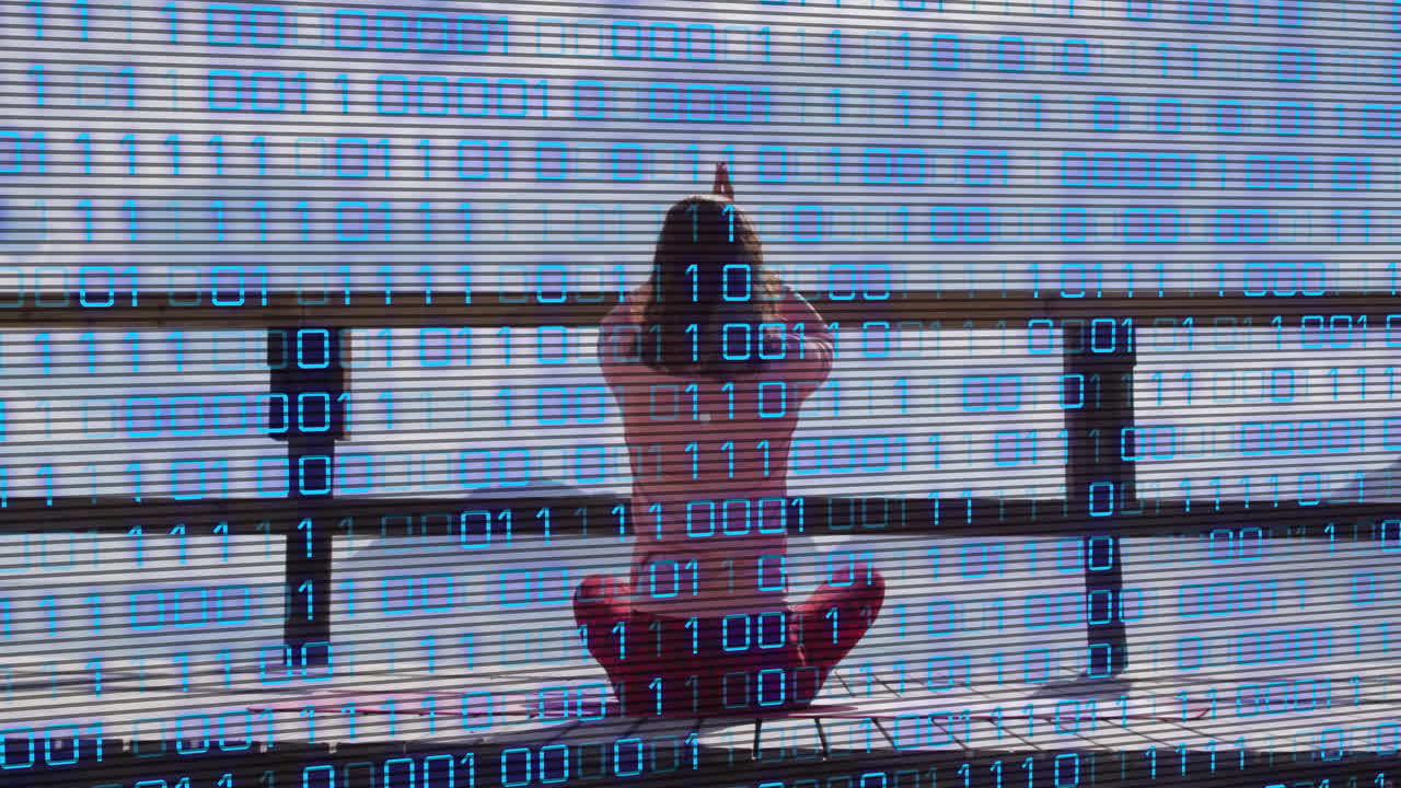 Woman kneeling on pier capturing water view with digital binary data overlay for finance app