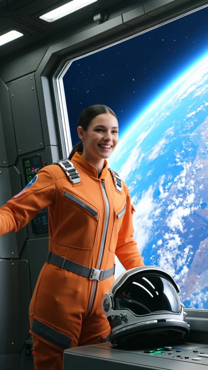 Female Astronaut in Spacecraft Looking at Earth