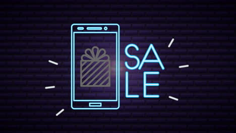 etiqueta de luz de neón comercial con teléfono inteligente