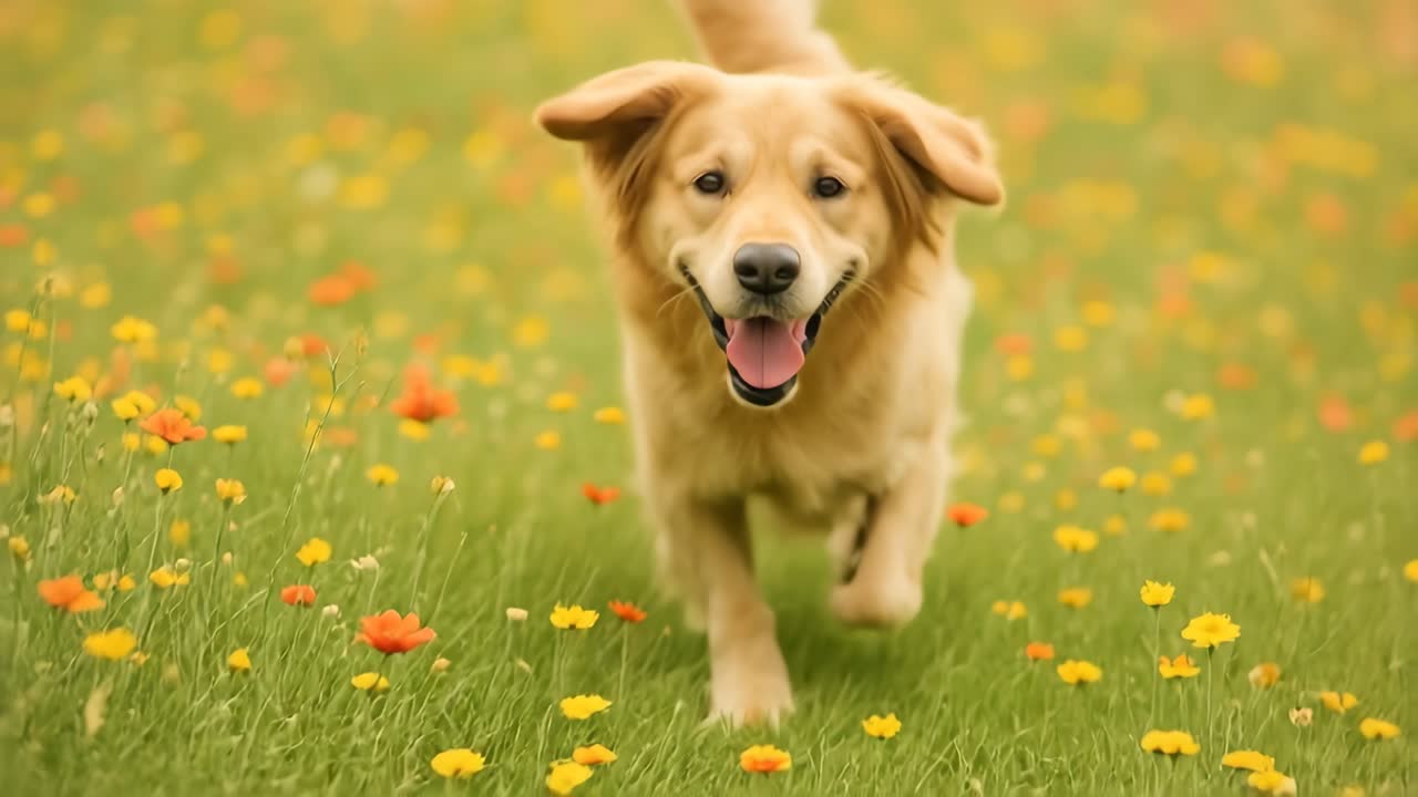 Neşeli bir golden retriever rengarenk bir çiçek tarlasında koşuyor. Alçak açıdan çekilen bu video