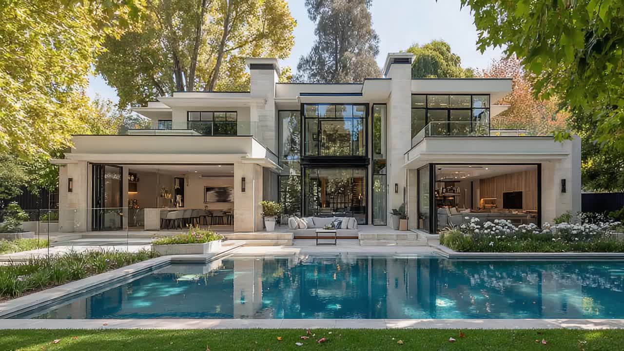 Luxurious Modern Home Featuring an Expansive Glass Facade, Elegant Outdoor Living Spaces, and Serene Pool Oasis Surrounded by Lush Greenery