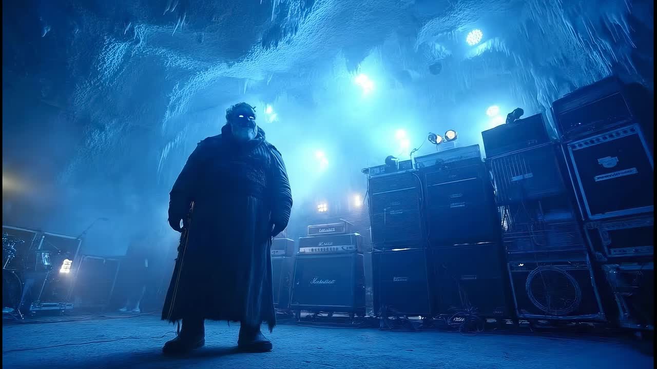 Man destroying a band's equipment in an ice cave