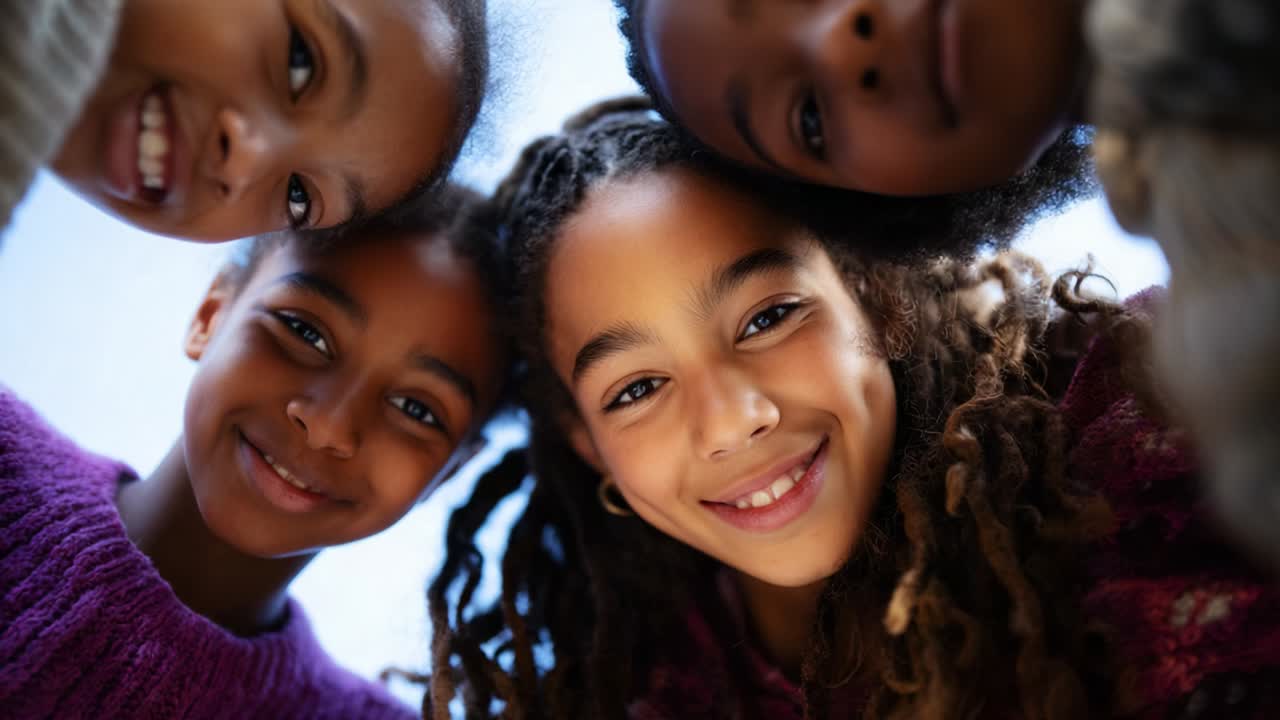 A Heartwarming Moment of Friendship and Joy as Four Young Girls Gather Together in a Circle, Smiling Happily for the Camera, Capturing the Essence of Childhood Togetherness and Laughter