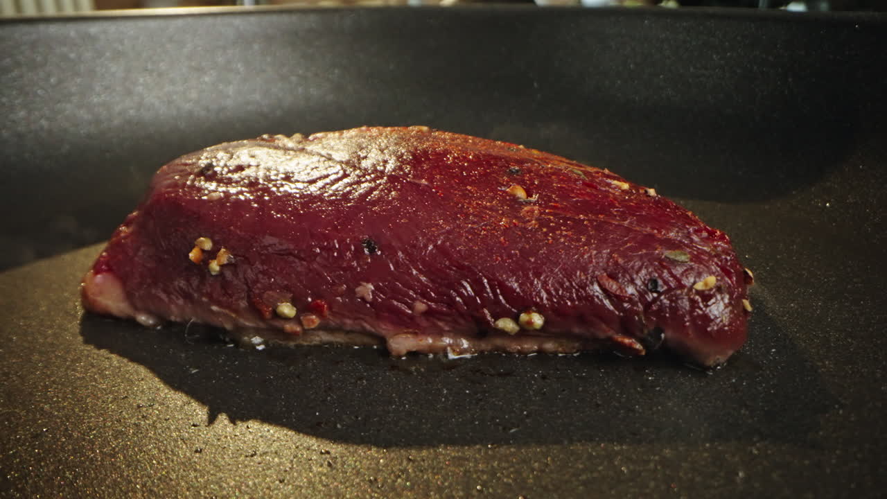 Steak cooking in a pan