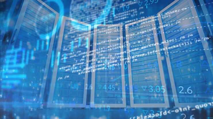 Animation of data processing and diagram over server room