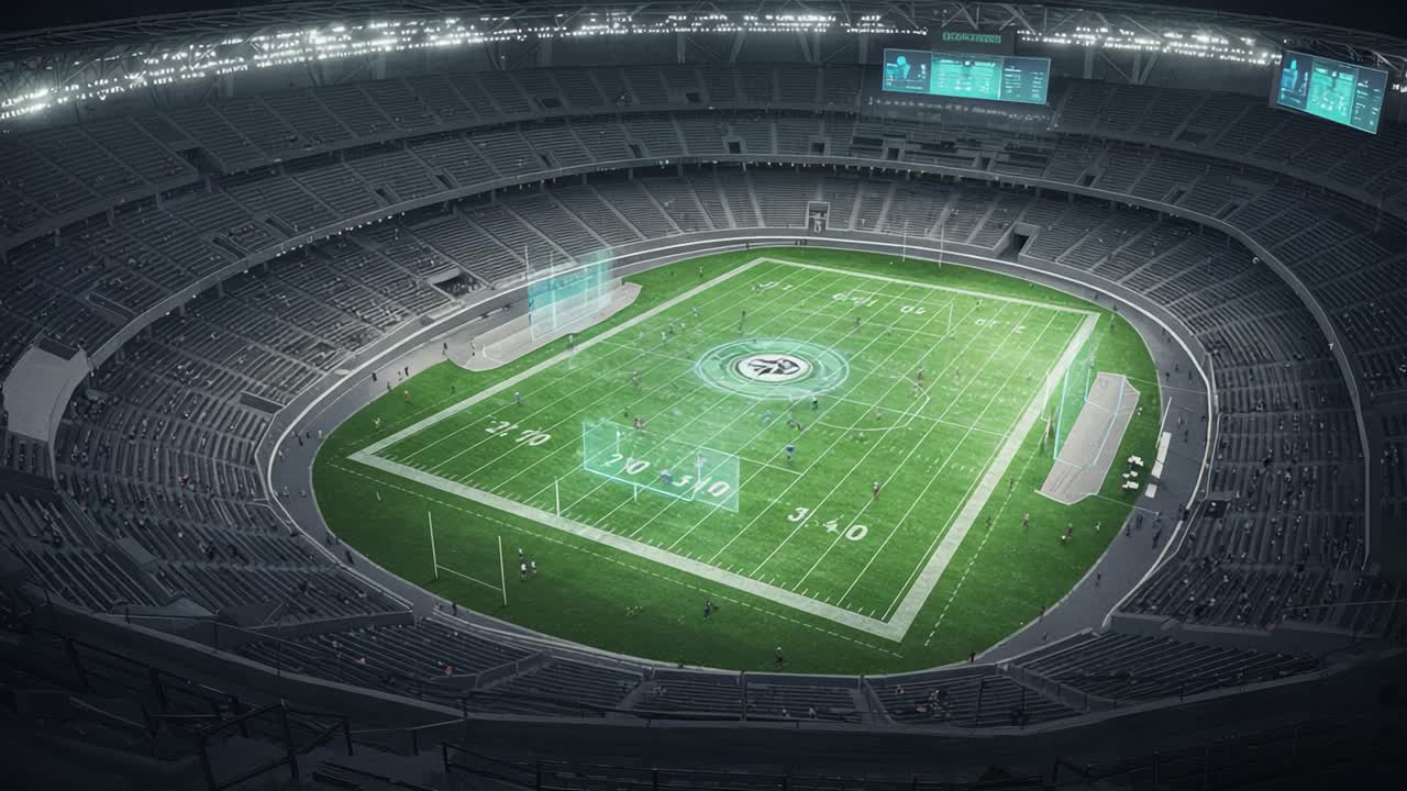 Aerial View of a Futuristic Sports Stadium Featuring Advanced Technology and Interactive Displays on a Grassy Field, Illustrating Modern Athletic Events in Progress