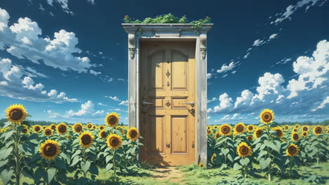 a mystical doorway in a vibrant sunflower field