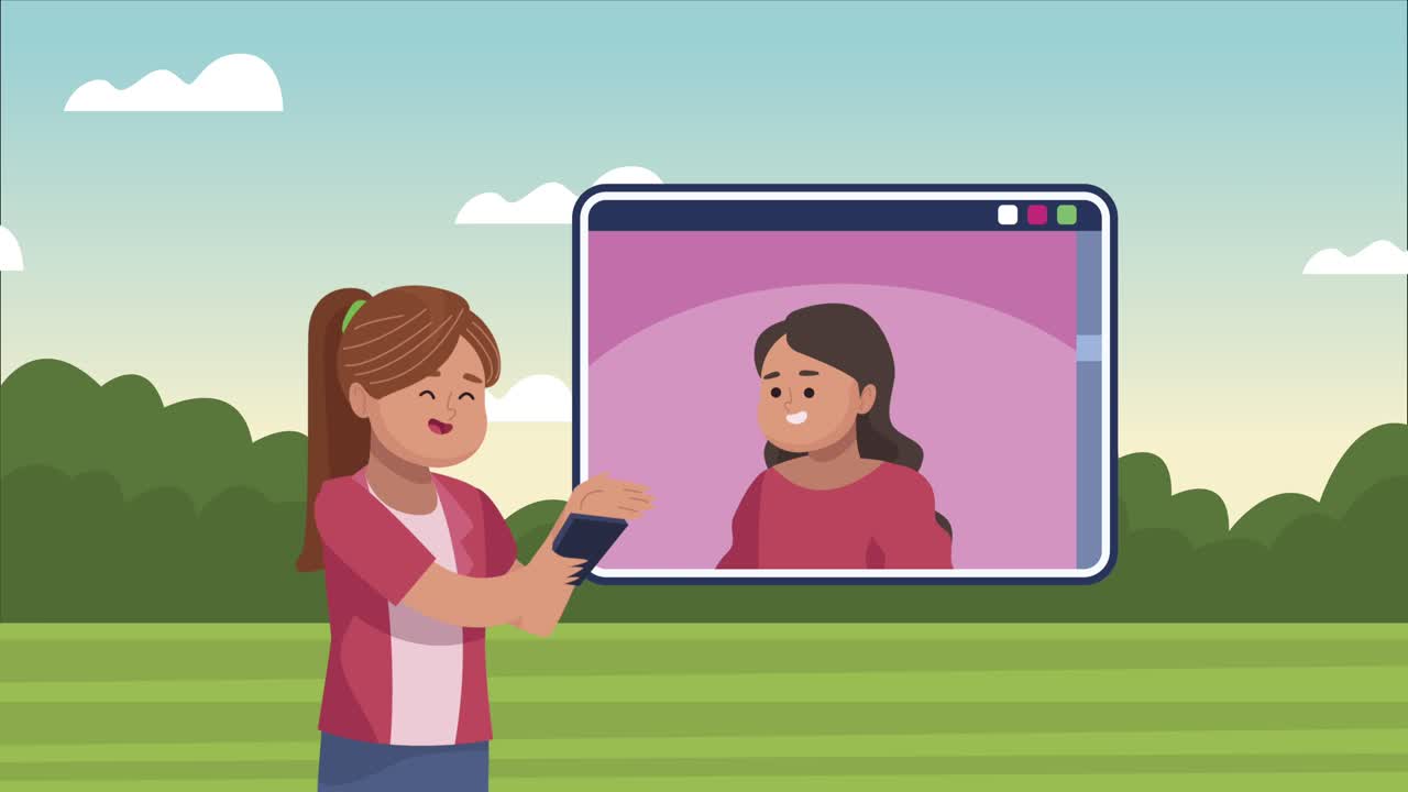 girls communicating with smartphone in the camp