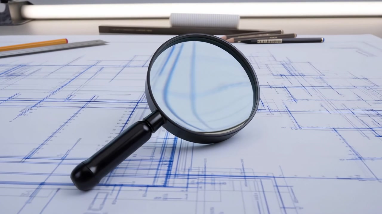 Forstørrelsesglas på en blåprint med arkitektoniske tegninger, set fra et top-down-perspektiv, med blå og sorte accenter og en neutral stemning.