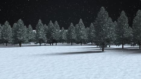 Snow-falling-over-multiple-trees-on-winter-landscape-against-black-background