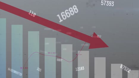 Animation-of-numbers-processing-over-red-arrow-pointing-down-and-statistics-in-background